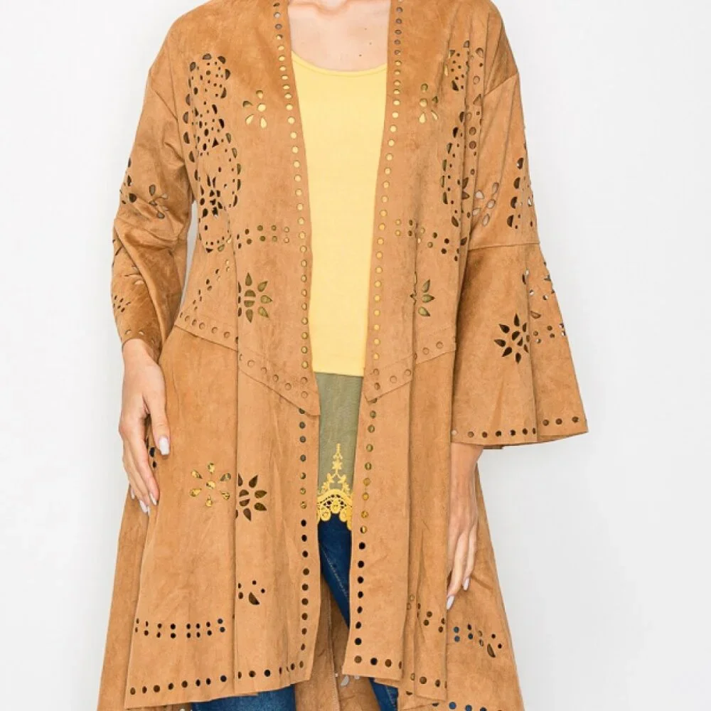 NEW ORIGAMI faux suede duster JACKET kimono cardigan WESTERN BOHO laser cut S-2X - Picture 2 of 10